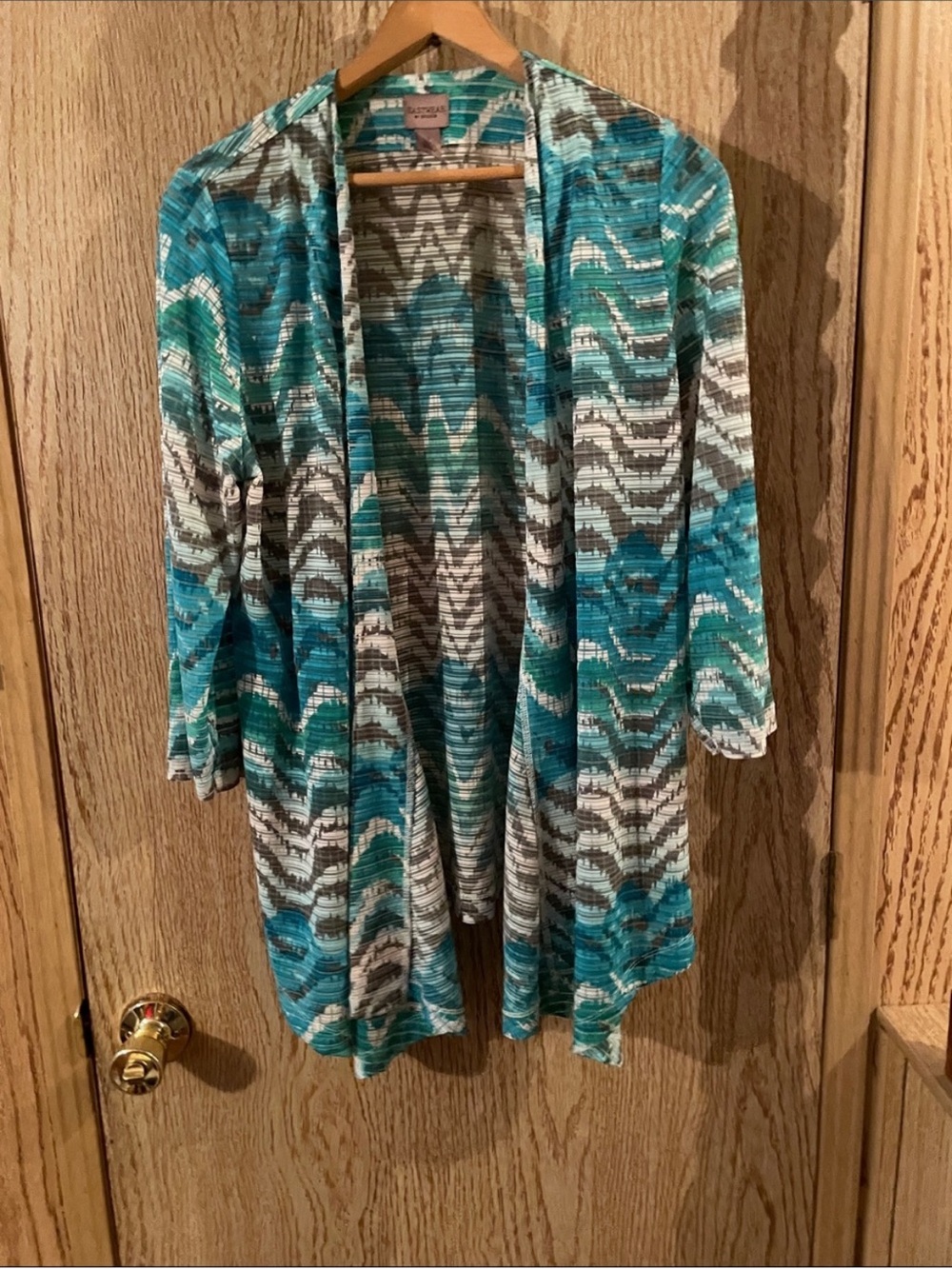 Chico's Teal, Turquoise and Gray Chevron Open-Front Cardigan